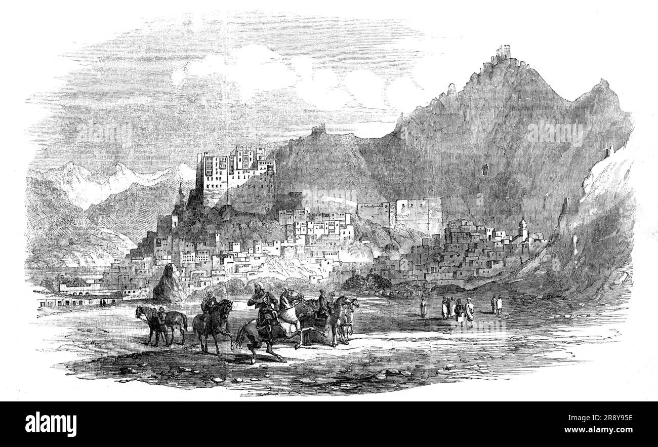 Ladak, la capitale de Little Thibet: Parti des irrégulières du Punjaub, 1857. 'Cette ville étrangement construite est située dans un quartier qui devient intéressant dans le cadre de notre guerre avec la Perse. Ladak est la capitale de Little Thibet, et est à environ six miles de la rive droite de l'Indus... la ville est construite au pied d'une colline, sur le sommet de laquelle sont les restes d'un vieux fort... s'étendant à droite et à gauche, Sont de trois cent à quatre cents maisons, toutes construites en pierre à une hauteur de dix ou douze pieds du sol... les habitants sont un mélange étrange de Tartars, Affghans, cas Banque D'Images