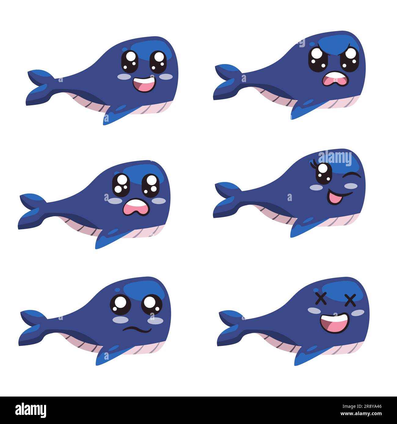 bleu couleur baleine grand animal aquatique océan nager sous l'eau avec grand sourire en colère peur clignotant oeil triste et rire expression sentiment d'émotion Illustration de Vecteur