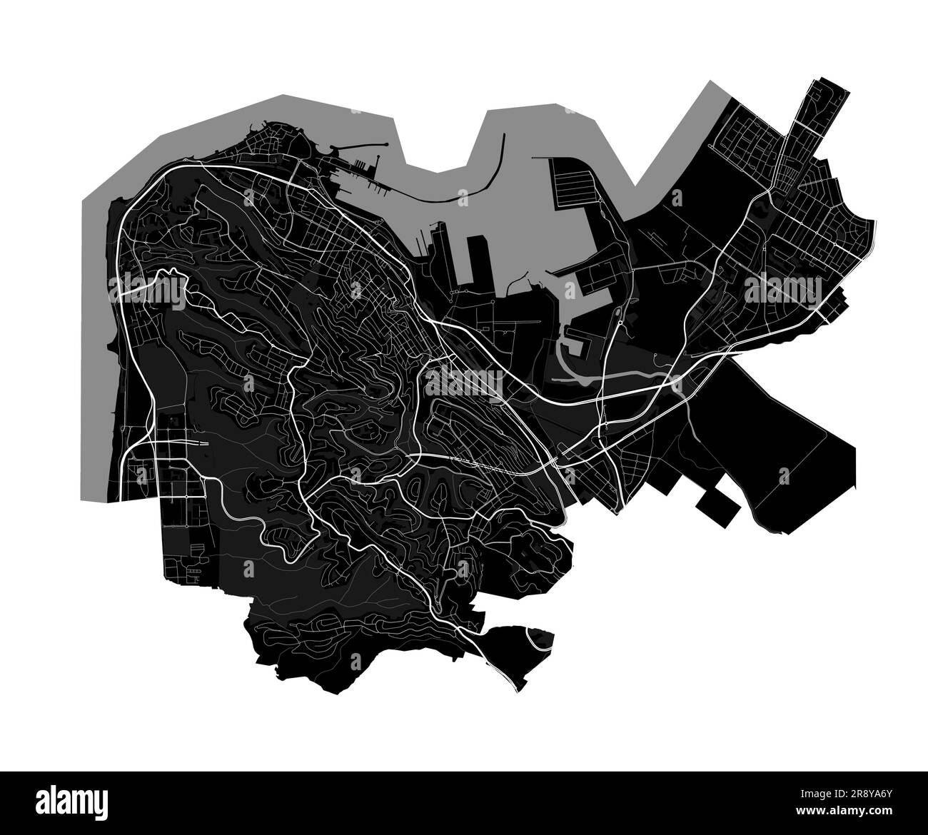 Carte de Haïfa. Carte détaillée en noir de la zone administrative de la ville de Haïfa. Vue sur l'aria métropolitain avec affiche CityScape. Terre noire avec bâtiments blancs, eau, avant Illustration de Vecteur