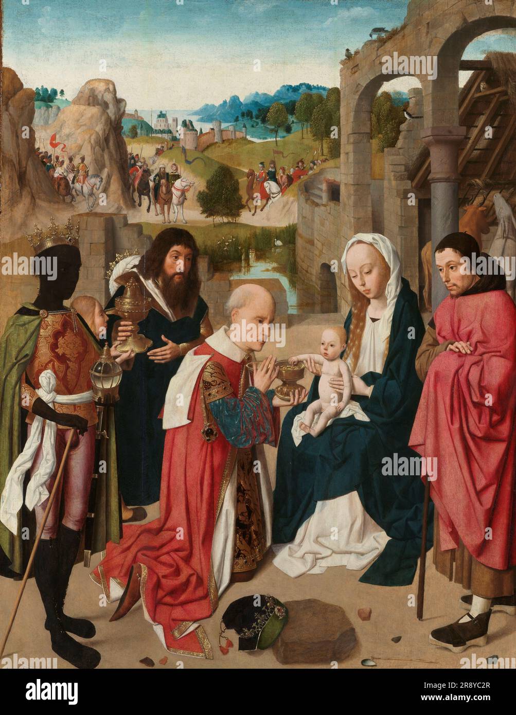 L'Aadoration des Magi, c.1480-c.1485. Autre titre(s): L'adoration des Magi. Les trois rois qui présentent leurs cadeaux occupent le premier plan de l'adoration d'Amsterdam. Le Christ enfant, assis sur les genoux de la Vierge&#x2019;s, étend son bras vers le roi caspar, le plus ancien, à genoux, qui lui offre un gobelet rempli de pièces d'or. Les deux autres rois se trouvent derrière Caspar dans le panneau d'Amsterdam. Melchior, aux cheveux longs et sombres et à la barbe, tient un calice d'or dans sa main droite, tandis que le roi Balthazar noir a un gobelet en cristal. À partir de la fin du Moyen âge, les trois rois W Banque D'Images