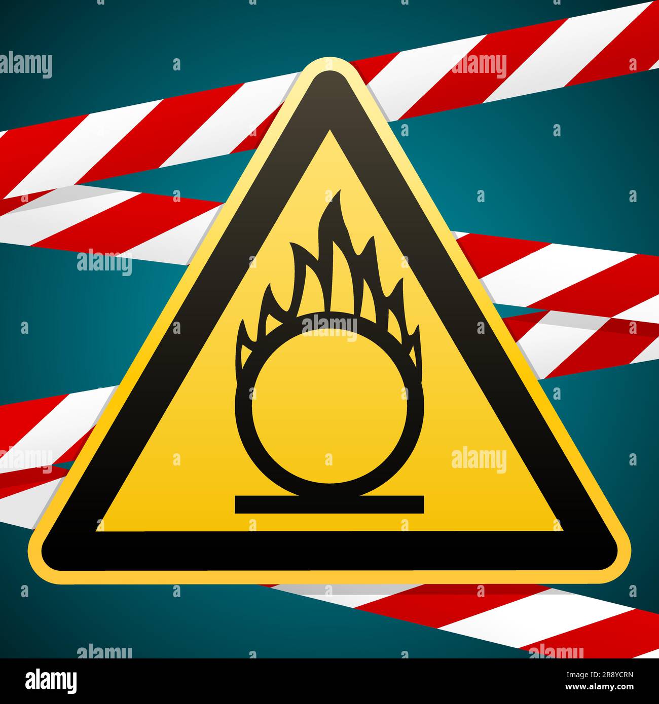 Attention oxydant. Autocollant de sécurité. Triangle jaune avec image noire sur l'arrière-plan de la bande de protection. Signes et symboles dans l'industrie. Vecteur illust Illustration de Vecteur