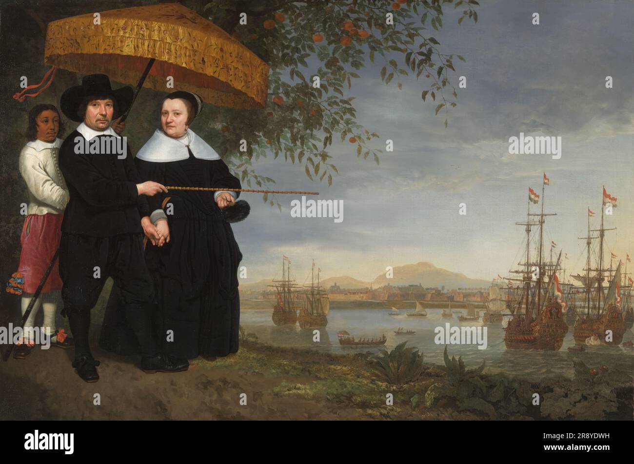 COV commerçant principal avec sa femme et un serviteur enrasé, c.1650-c.1655. Autre titre(s): VOC commerçant principal avec sa femme et un ServantPortrait d'un commerçant principal de la Dutch East India Company à Batavia. Banque D'Images