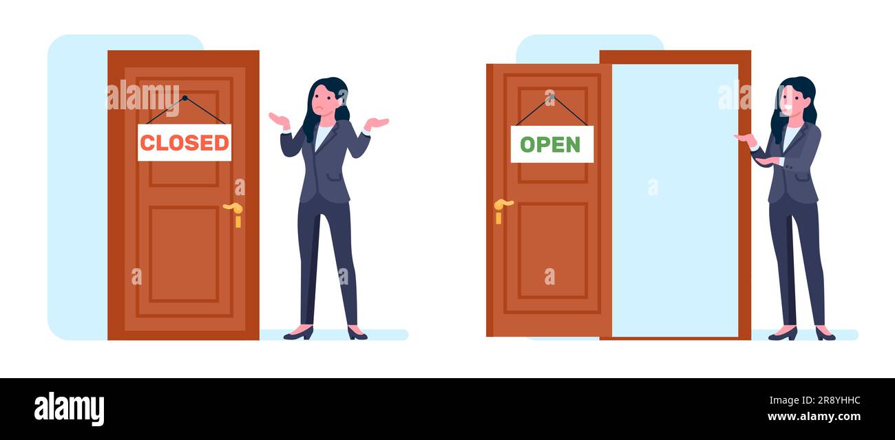 Femme d'affaires debout à la porte fermée. Femme invite à venir dans la porte ouverte. Employé en poursuite. Femme confuse ou heureuse. Travail de secrétaire. Invitation Illustration de Vecteur