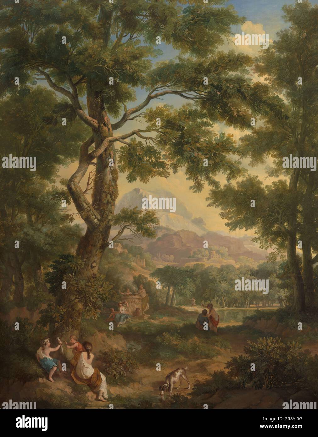 Paysage arcadien, enfants avec un oiseau et un chien au premier plan gauche, 1771. Banque D'Images