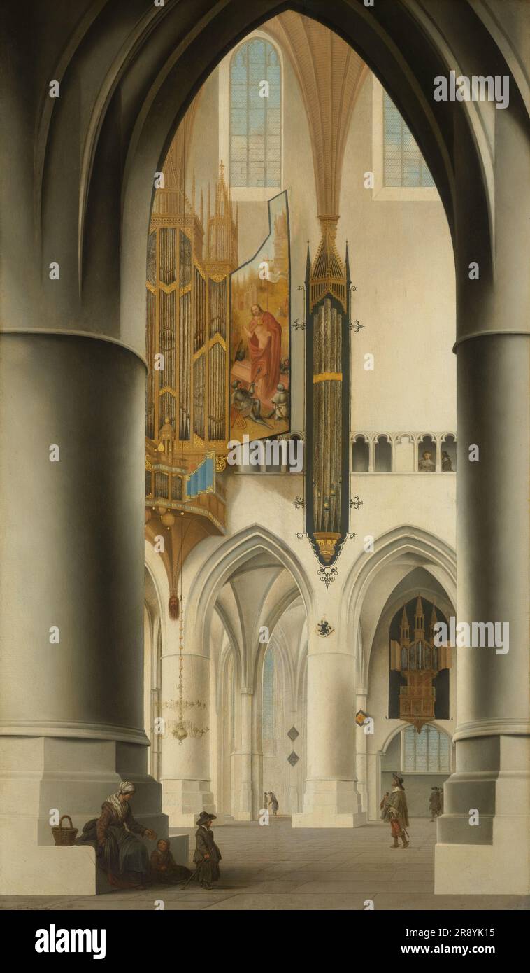 Intérieur de l'église de St Bavo à Haarlem, 1636. Autre titre(s): Vu de l'Ambulateur Sud, regardant à travers le Choeur jusqu'à l'Ambulateur Nord et le Grand orgue. Le Grote Kerk (ou Saint-Bavokerk) fut consacré comme cathédrale en 1559. Il a été confisqué pendant le midi de Haarlemme en 1578, lorsqu'il a été converti au protestantisme. Banque D'Images