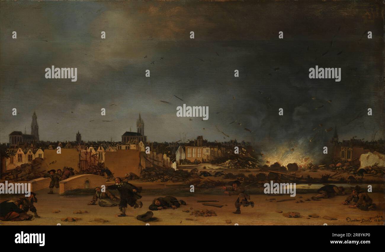 L'explosion du magazine de poudre à Delft, le 12 octobre 1654 (1654-1660). Un des magasins de poudre a explosé accidentellement, aplatissant une grande partie de la ville. L'artiste local Van der Poel a peint cette scène au moins 20 fois. Banque D'Images