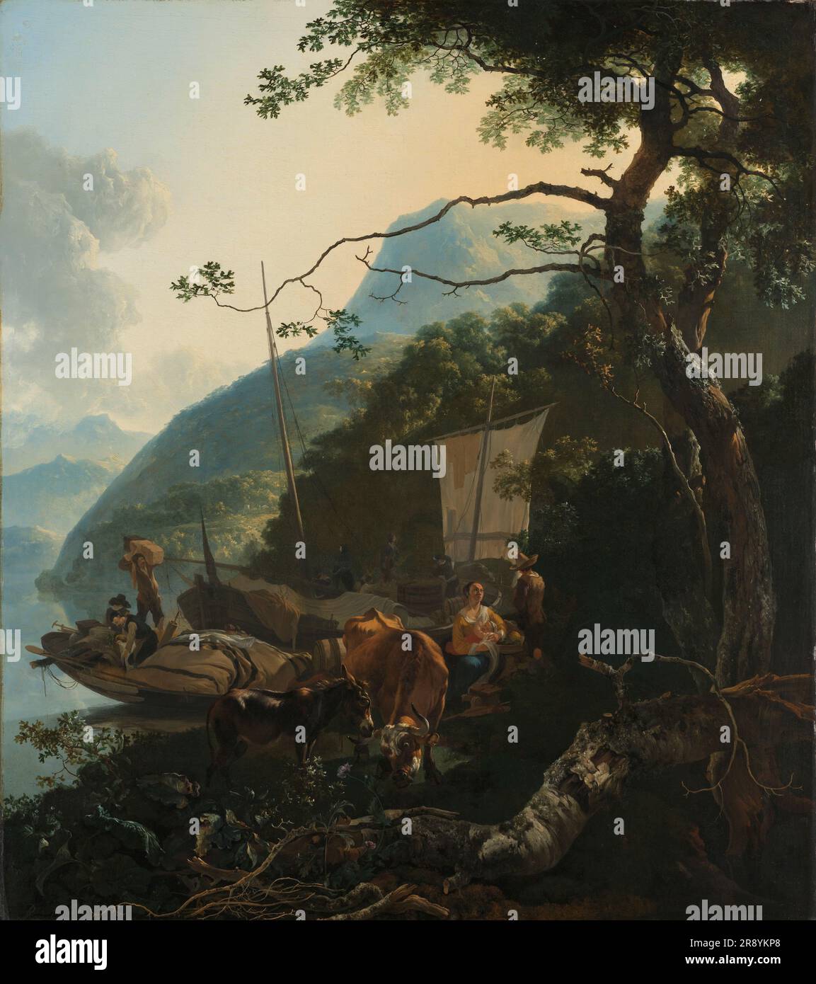 Bateaux amarrés sur la rive d'un lac italien, 1650-1670. Peut-être destiné à représenter le vol en Égypte. Banque D'Images