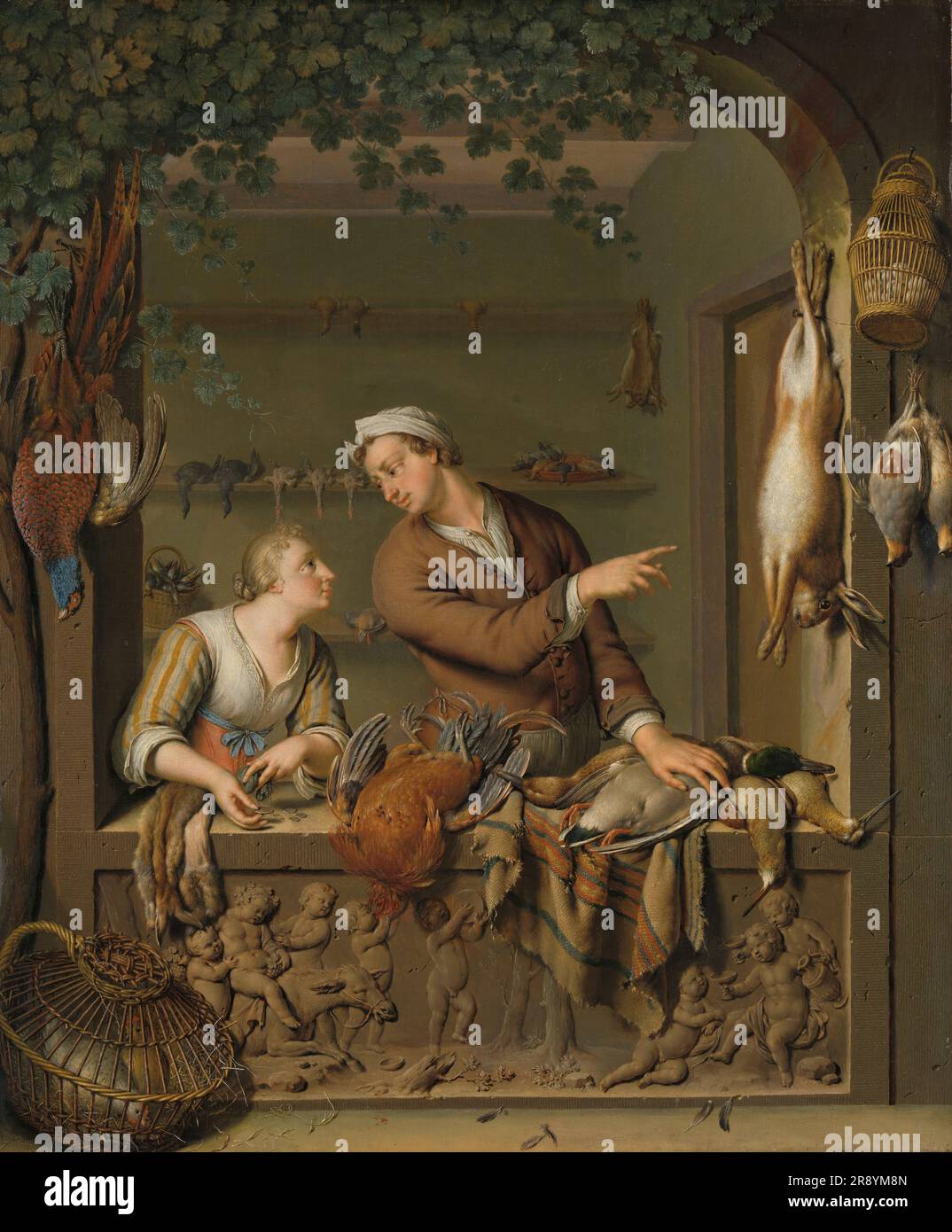 Le vendeur de volaille, 1733. Le commerçant pointe vers un lapin mort alors que son client place des pièces sur le rebord de la fenêtre à côté d'une fourrure de lapin. Banque D'Images