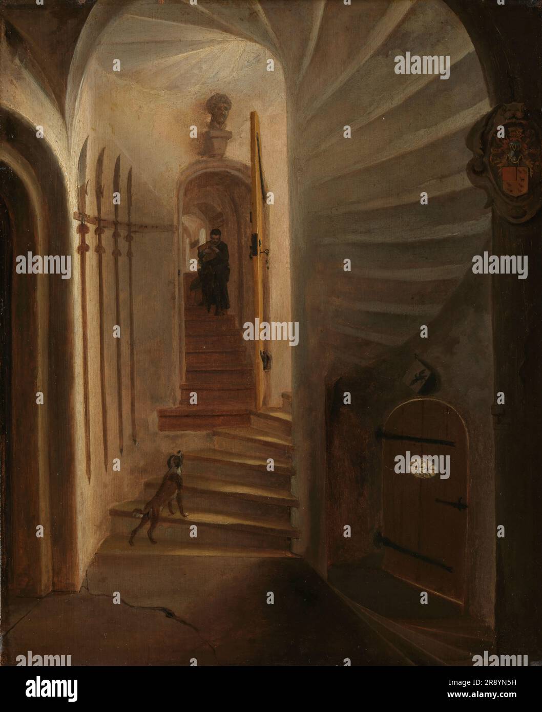 Portail d'une tour d'escalier, avec un homme descendant les escaliers: Probablement le moment avant l'assassinat de William le Silent dans le Ptinsenhof, Delft, 1640-1664. Attribué à Egbert Lievensz. Van der Poel. Banque D'Images