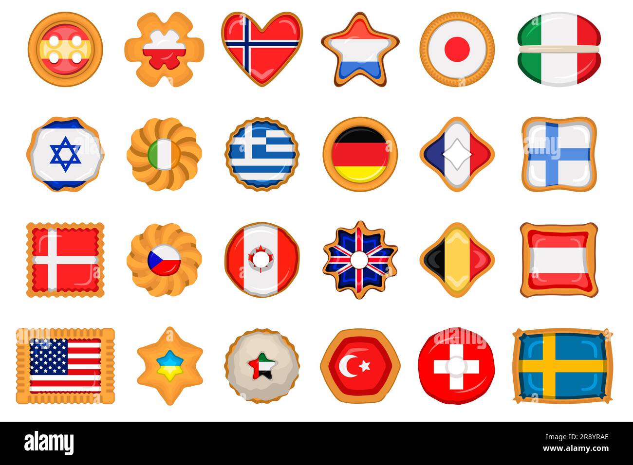 Ensemble de biscuit maison avec drapeau pays monde dans savoureux biscuit, biscuit consiste de signe pays monde sur le biscuit naturel, biscuit frais avec Illustration de Vecteur