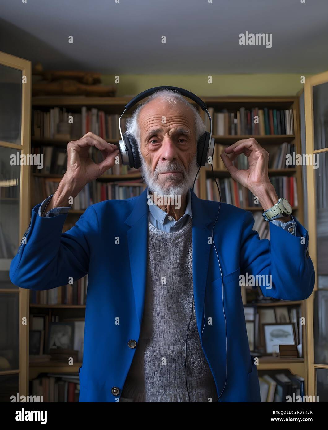 Un homme âgé avec une expression sérieuse écoutant de la musique à travers une paire d'écouteurs Banque D'Images