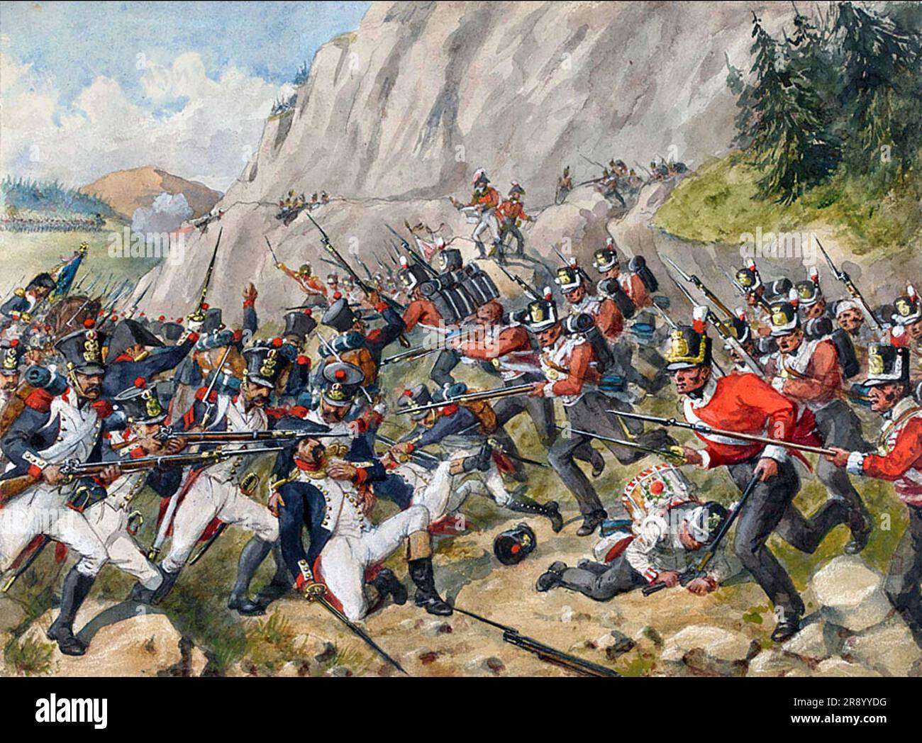 GUERRE PÉNINSULAIRE -BATAILLE DE BUSSACO 27 septembre 1810.British Light Infantry attaque les Français dans un tableau de Richard Simkin Banque D'Images