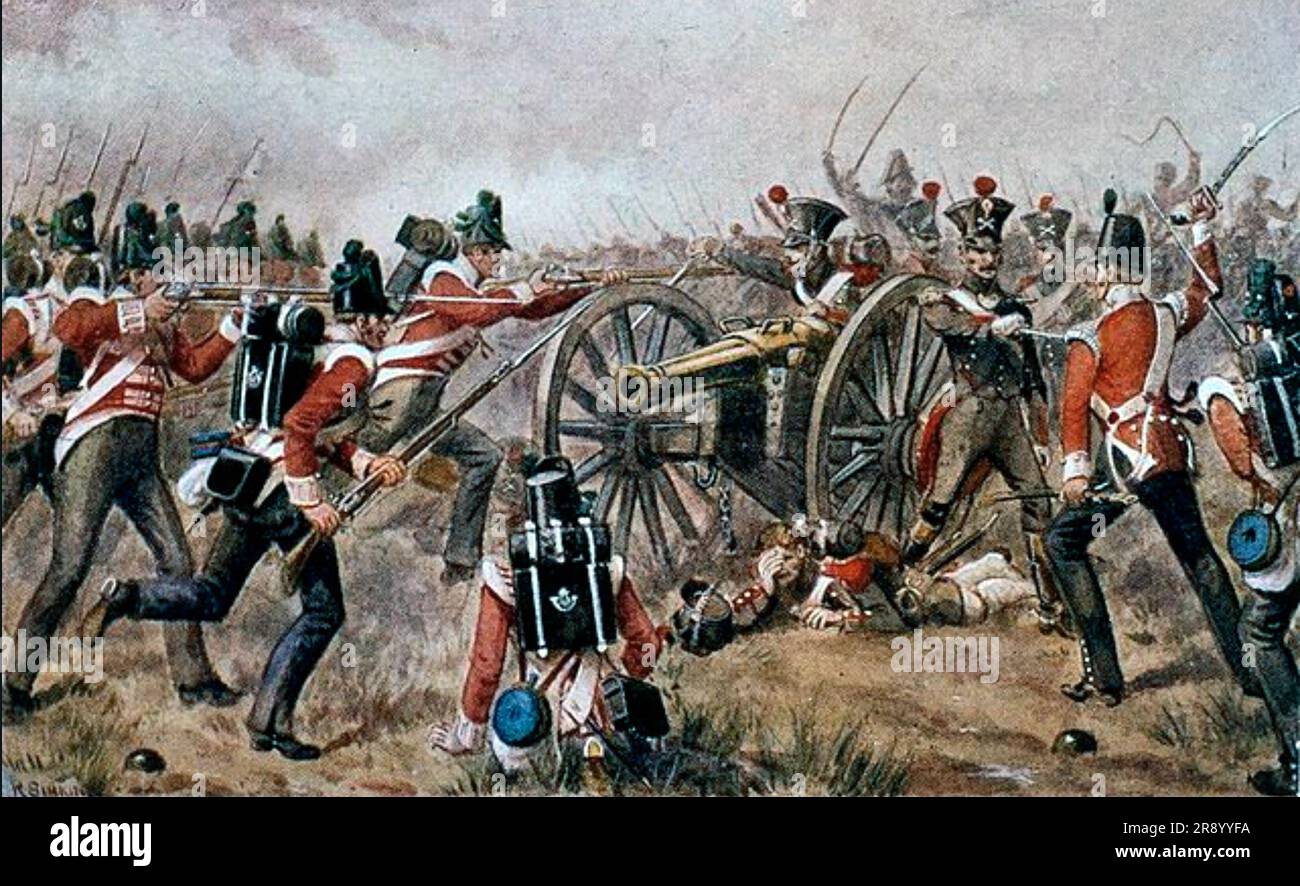 BATAILLE DE SABUGAL 3 avril 1811 pendant la guerre péninsulaire, le British 43rd Regiment of foot capture une position d'arme française dans un tableau de Richard Simkin Banque D'Images
