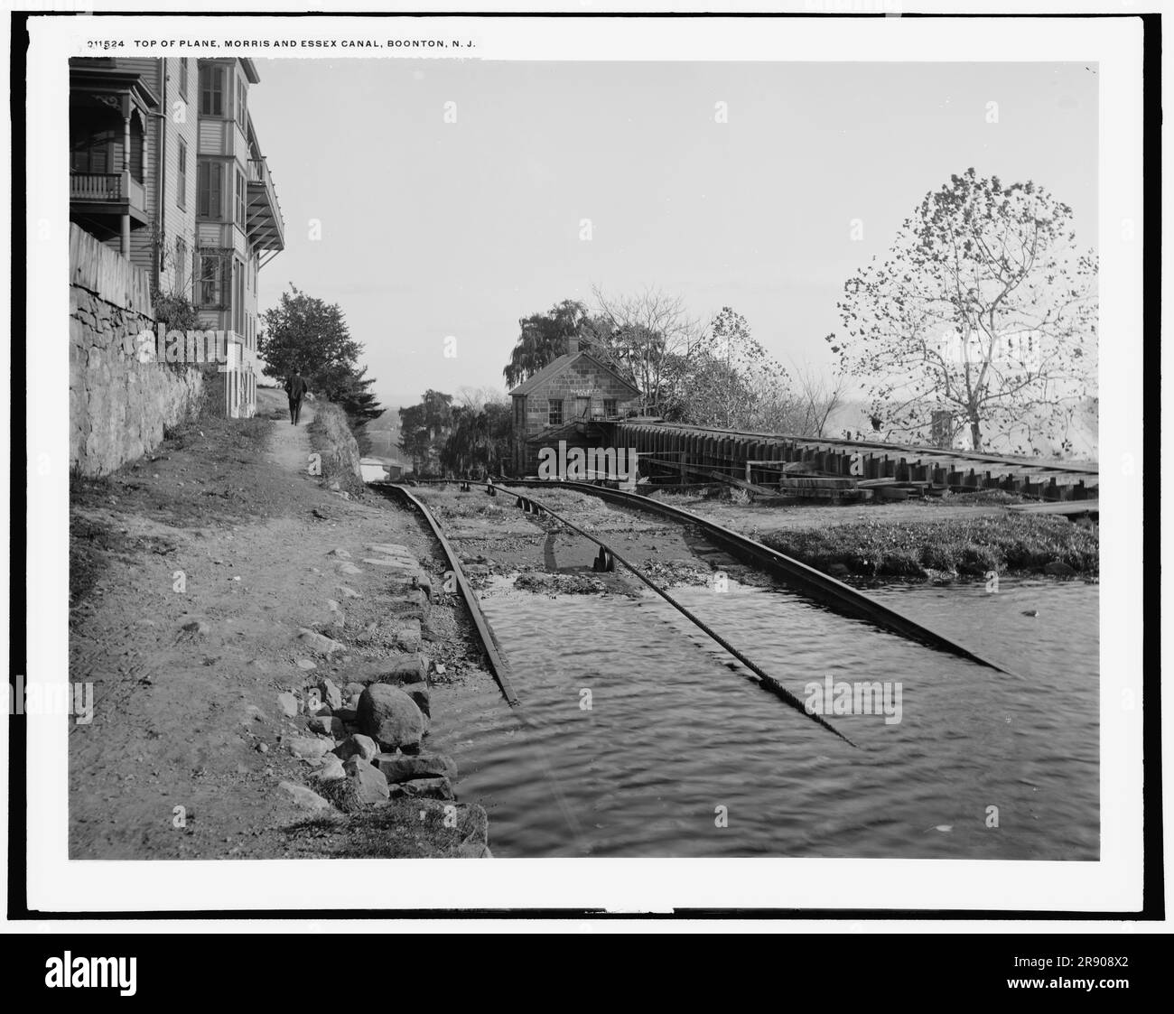 Haut de l'avion, canal Morris et Essex, Boonton, N.J., entre 1890 et 1901. Plan n° 7 est. Un avion incliné est un type de chemin de fer par câble utilisé sur certains canaux pour élever des bateaux entre différents niveaux d'eau. Banque D'Images