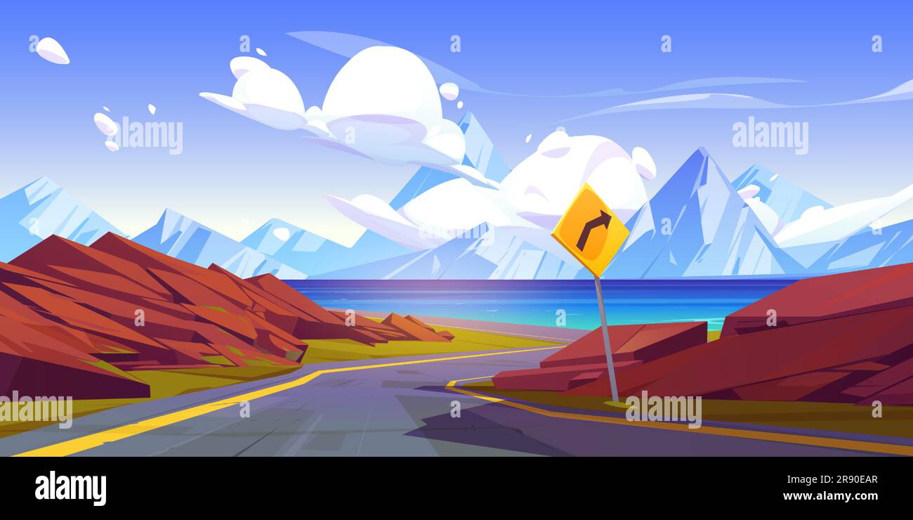 Route en serpentin vers le lac de montagne, panneau d'avertissement de virage serré. Dessin animé vectoriel de pierres rocheuses des deux côtés de la route sinueuse allant à la côte nordique de la mer, paysage montagneux à l'horizon Illustration de Vecteur