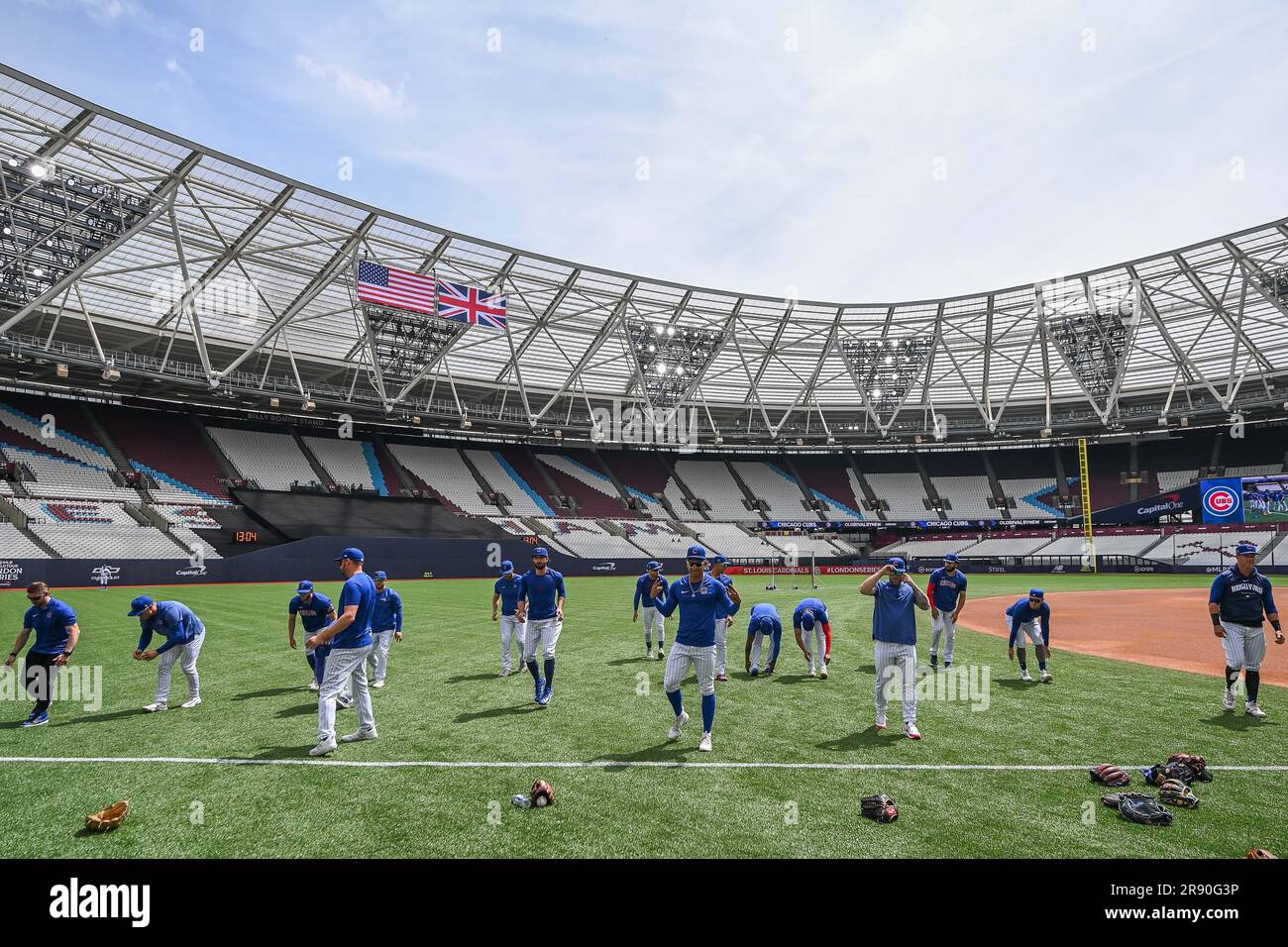 Chicago Cubs lors de la journée d'entraînement MLB London Series 2023 pour St. Louis Cardinals et Chicago Cubs au London Stadium, Londres, Royaume-Uni, 23rd juin 2023 (photo de Craig Thomas/News Images) Banque D'Images