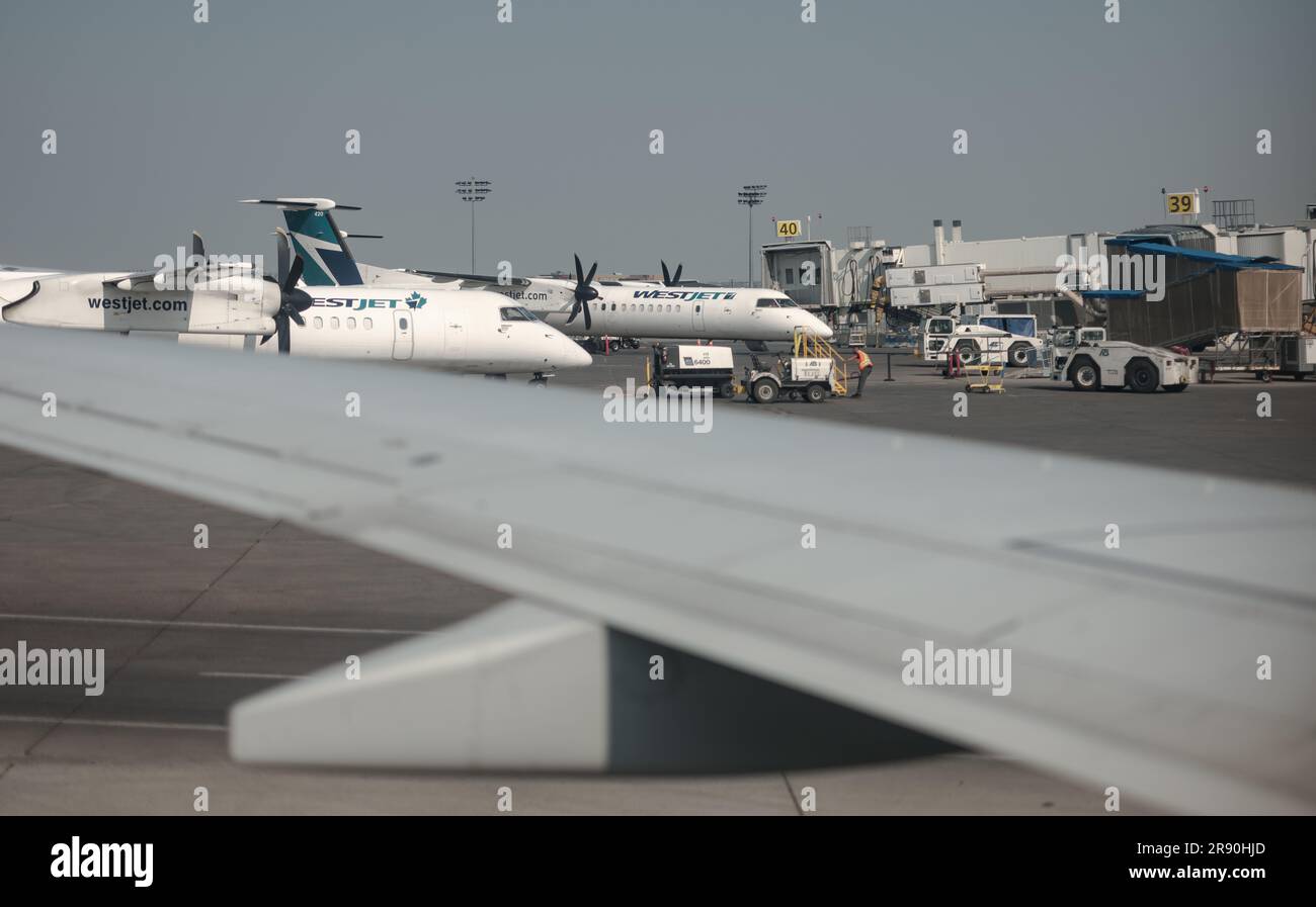 Les avions WestJet sont sur la rampe de service de l'aéroport de Calgary, en Alberta, au Canada. Banque D'Images