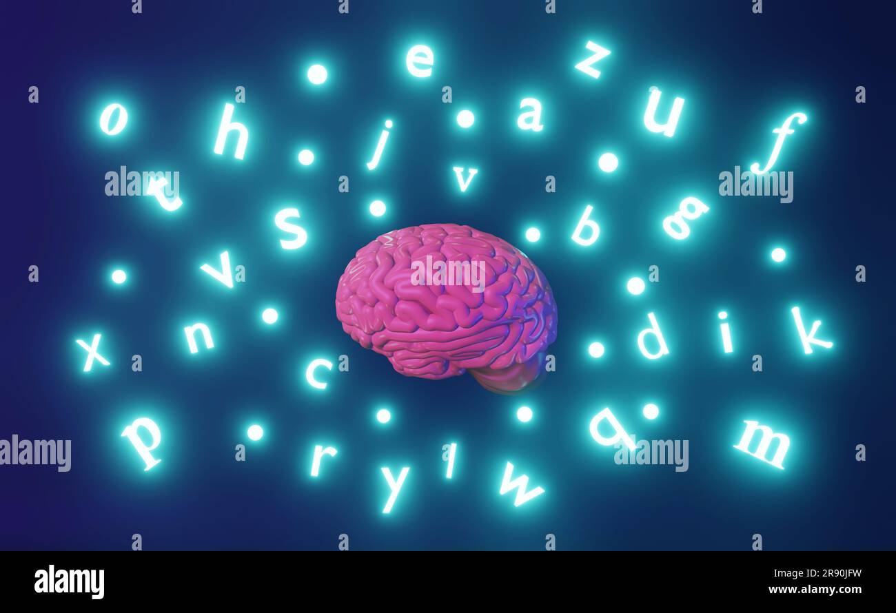 Apprentissage de l'anglais langue étrangère stimuler l'amélioration de la fluidité le cerveau humain lettres luminescentes 3D rendu. Etudier des locuteurs autochtones mémoire en ligne école ed Banque D'Images
