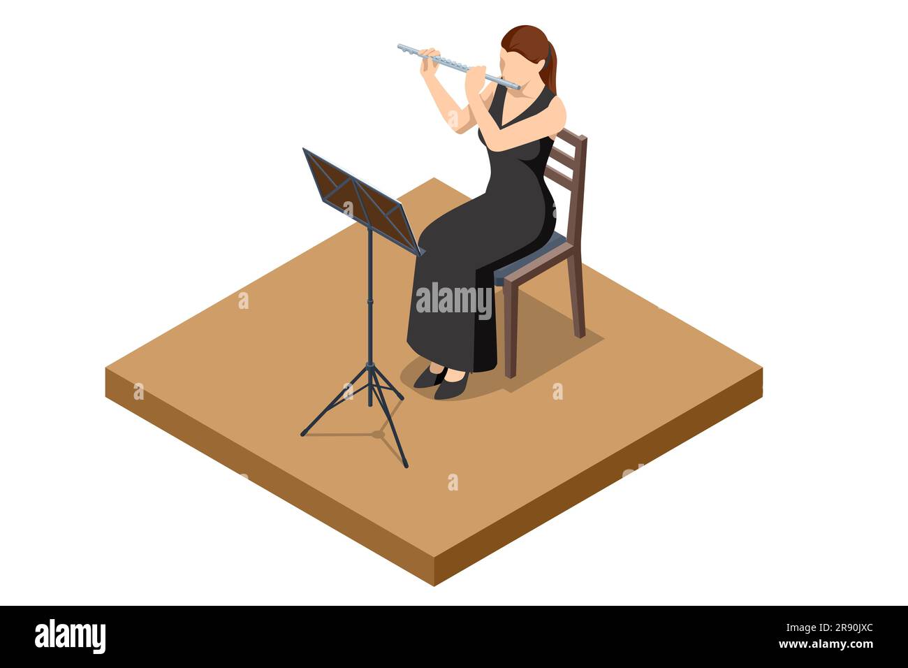 La femme isométrique joue la flûte. Instrument orchestral à vent de flûte Illustration de Vecteur