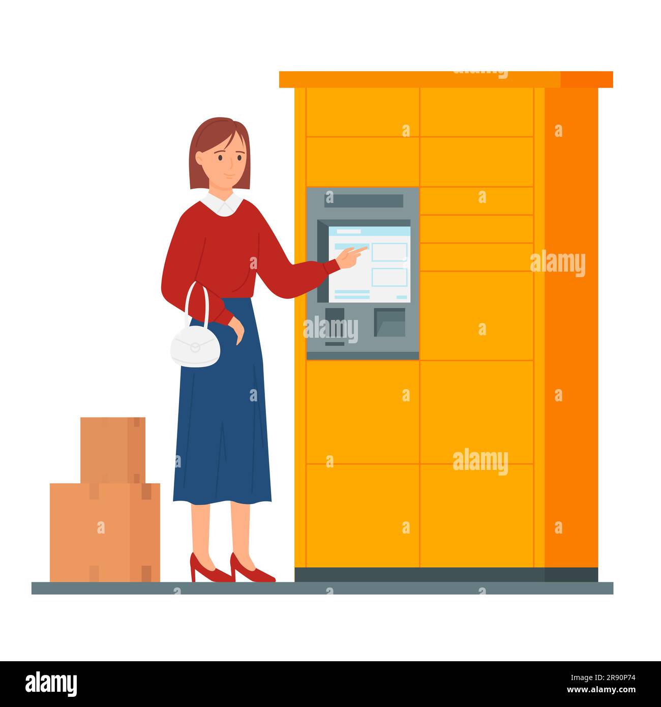 Caricature femme utilisant packstation dans casier automatique avec exposition pour recevoir ou envoyer des colis dans des boîtes en papier, livraison et stockage des paquets dans postomat. Illustration du libre-service dans le vecteur du bureau de poste Illustration de Vecteur