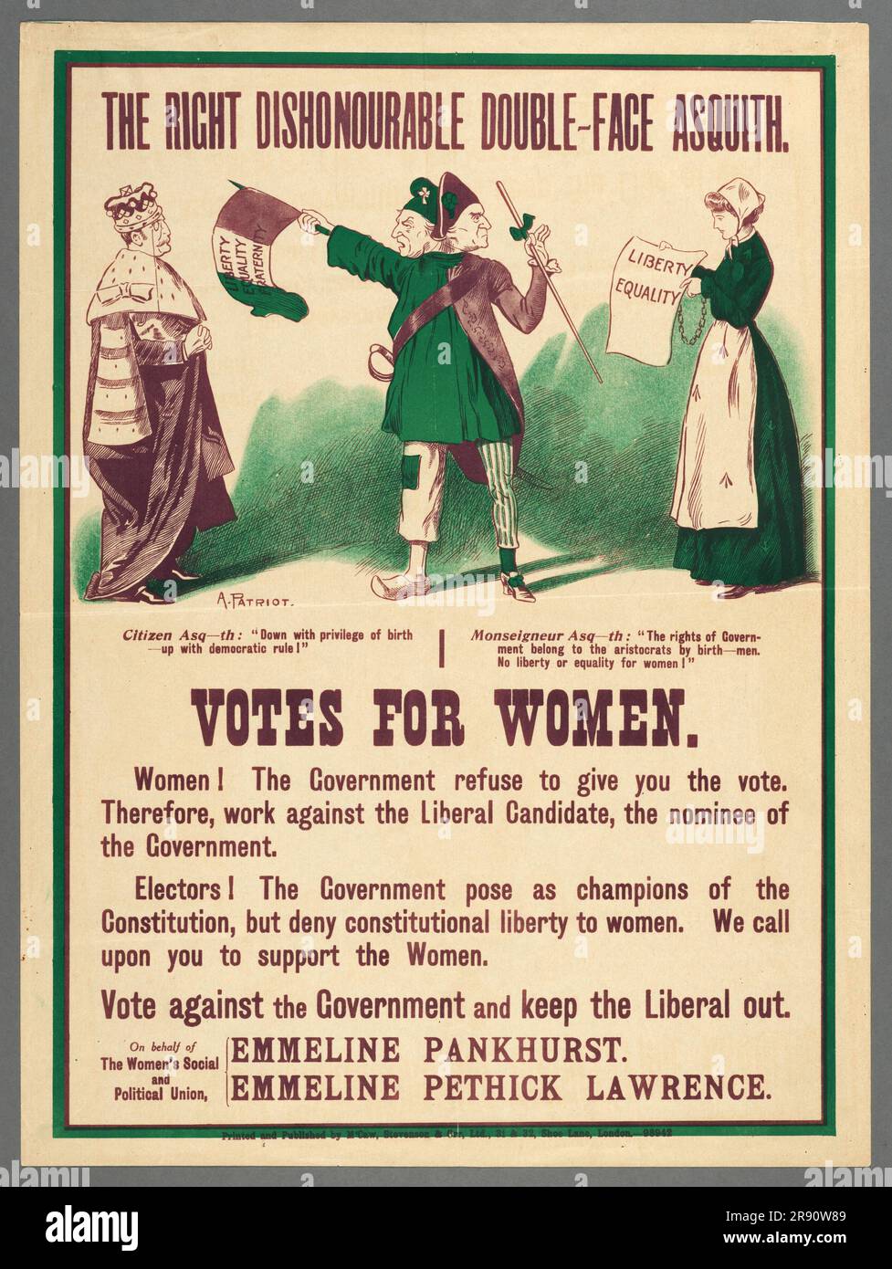 Une affiche ancienne de campagne électorale qui dit aux gens d'éviter de voter pour la très honorable Double-face Asquith pendant la campagne votes pour les femmes. Il est émis au nom d'Emmeline Pankhurst et d'Emmeline Lawrence. Banque D'Images