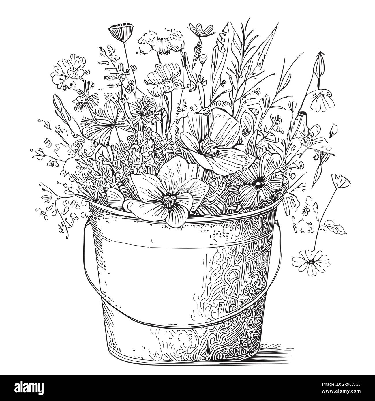 Fleurs sauvages dans une main d'esquisse de seau dessinée dans l'illustration de style Doodle Illustration de Vecteur