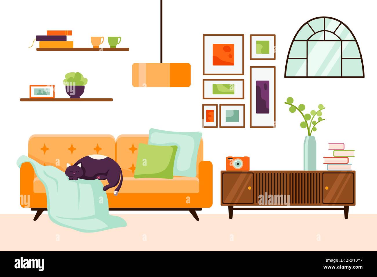 Intérieur de la chambre, style chat plat. Intérieur de salon avec canapé, plantes de maison poussant dans des pots, décorations de maison. Appartement confortable décoré Illustration de Vecteur