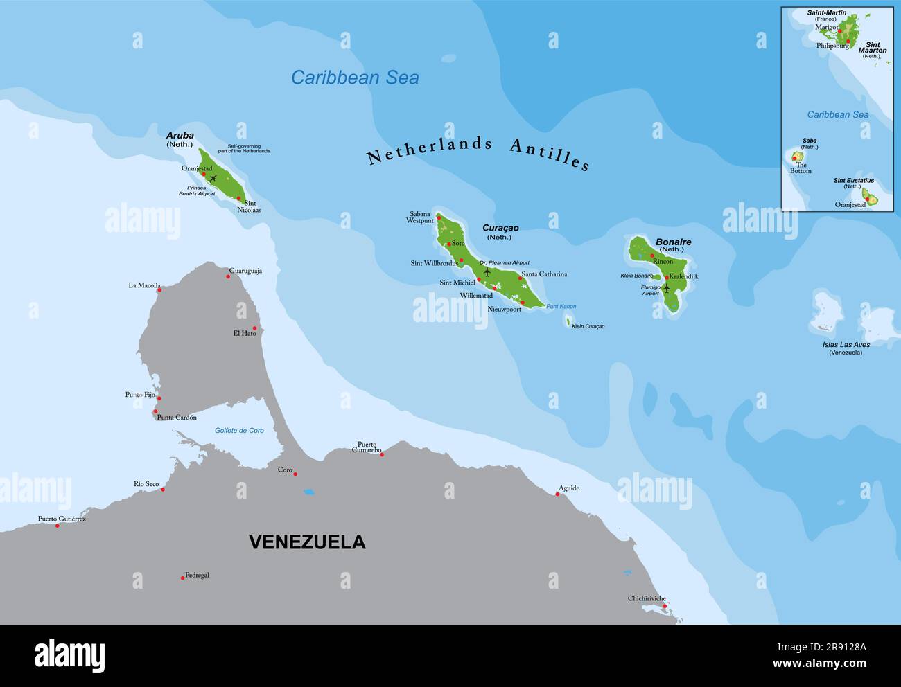 Carte physique très détaillée d'Aruba et des Antilles néerlandaises en format vectoriel, avec toutes les formes de relief, les régions et les grandes villes. Illustration de Vecteur