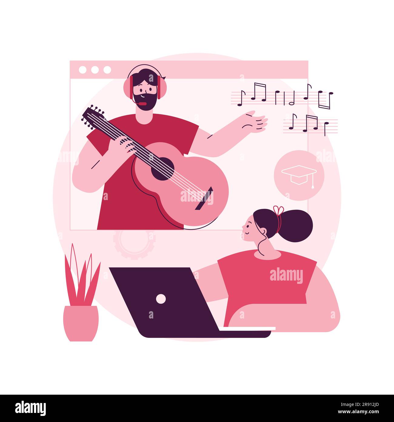 Leçons de musique en ligne résumé concept illustration vectorielle. Visioconférence en direct, professeur de musique, quarantaine de covid, pratique privée en ligne, conseils professionnels, reste à la maison métaphore abstraite. Illustration de Vecteur