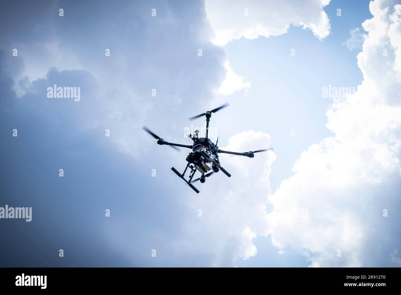 Oblast de Kiev, Ukraine. 20th juin 2023. Premier drone militaire de Skylab,  une compagnie de drone civile ukrainienne vue dans le ciel pendant le vol  d'essai. Skylab, une compagnie de drones civils