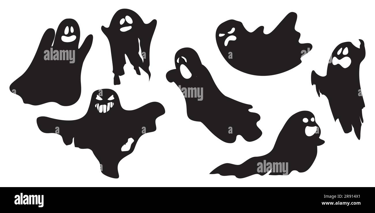 Ensemble de personnages d'horreur de silhouette de Ghosts. Joli contour drôle boo Ghost Leaf Halloween motif personnage. Illustration vectorielle de dessin animé isolée. Illustration de Vecteur