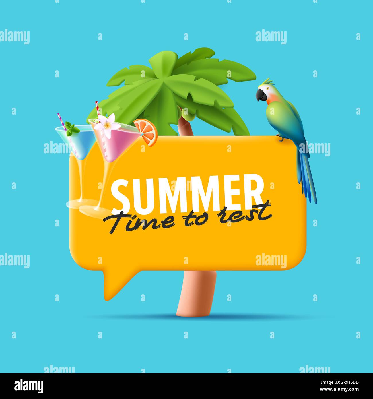 Composition de cocktail d'été avec cocktail de margarita 3D, avec perroquet et bulle de discours avec texte promo Illustration de Vecteur