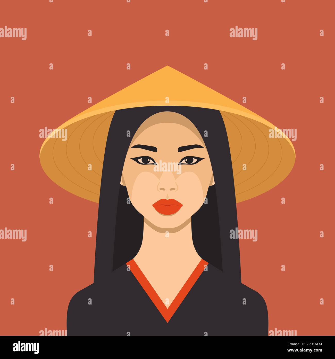 Portrait vectoriel de la belle jeune femme asiatique avec chapeau de paille conique traditionnel chinois, asiatique, chapeau non-la de triangle vietnamien, non la Headdress Illustration de Vecteur