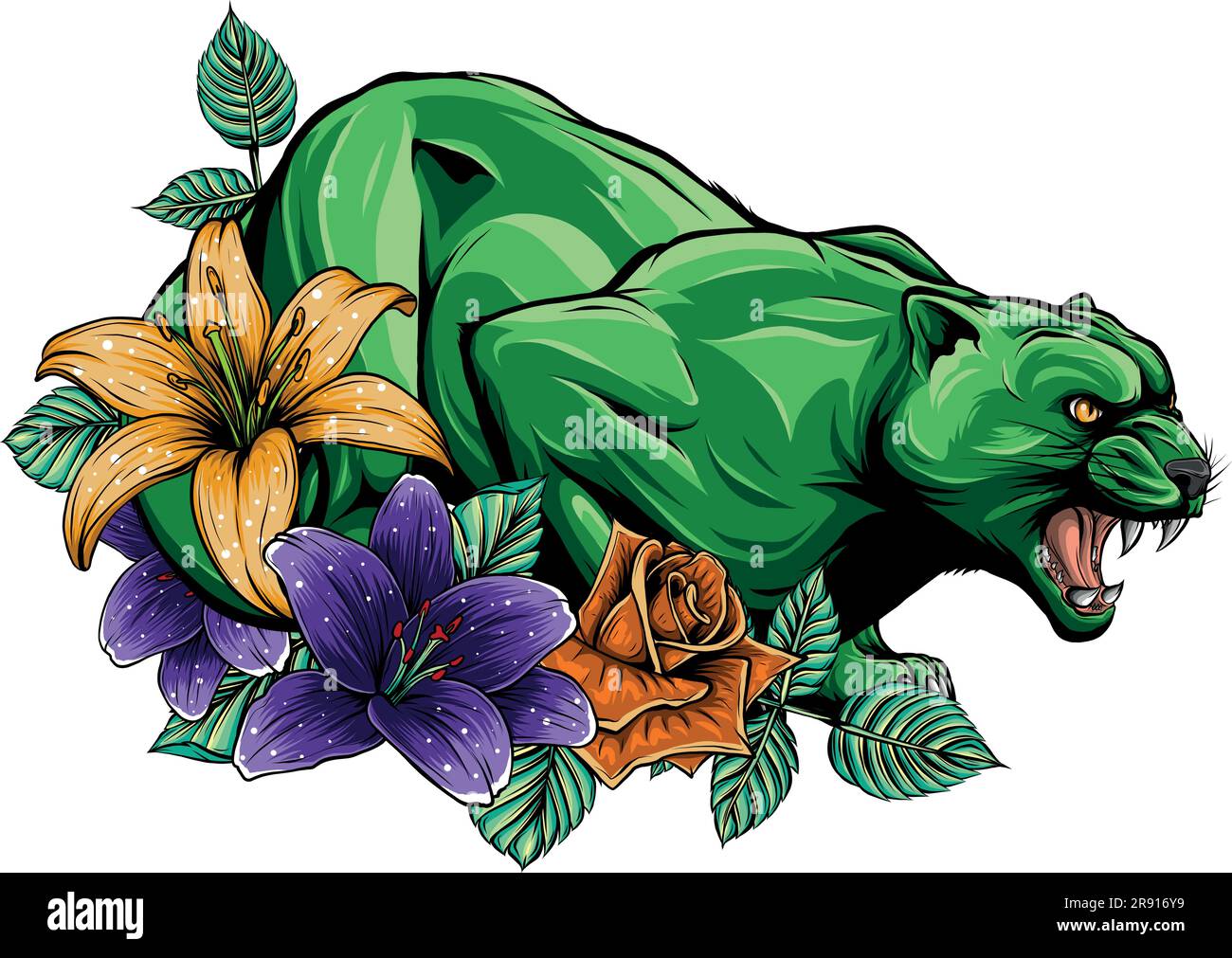 Illustration vectorielle de Panther avec fleurs sur fond blanc Illustration de Vecteur