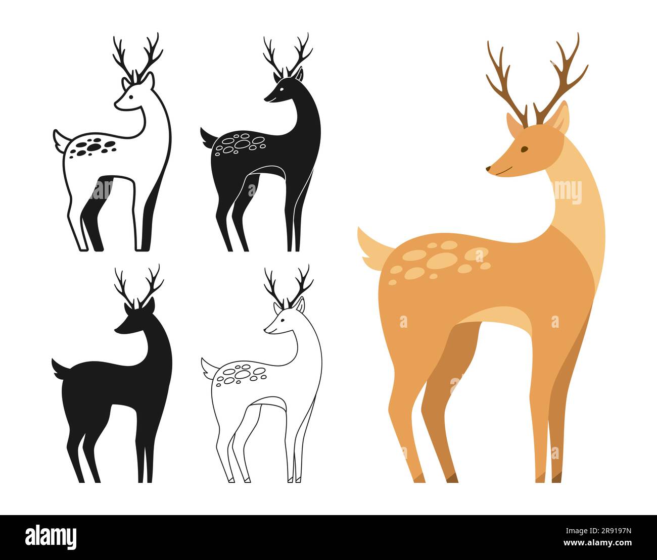 Ensemble de dessin animé animal sauvage à motif cerf avec bois. Collection de cerfs des mammifères de la forêt avec vue latérale, de landes, de timbres ou de silhouettes. ANIM. Caractère plat Illustration de Vecteur