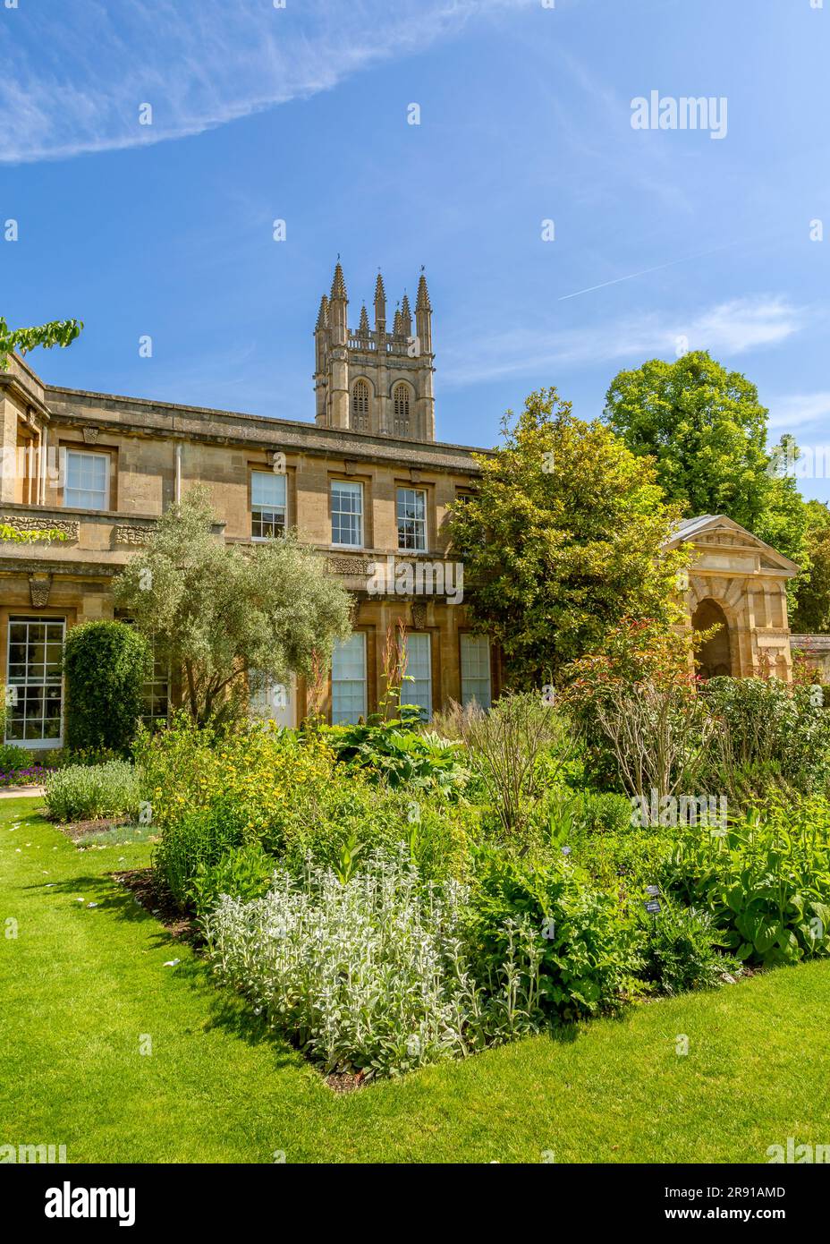 Jardin botanique d'Oxford College avec la Tour de la Madeleine à distance. Banque D'Images