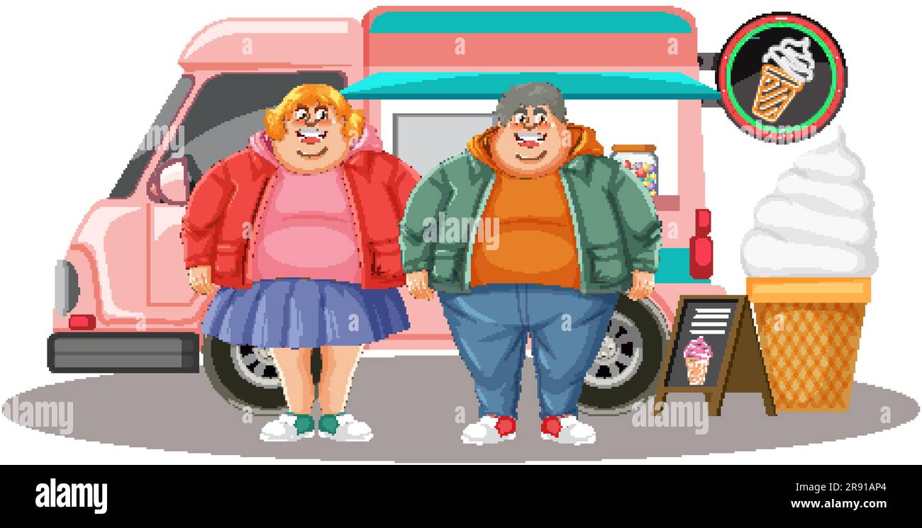 Couple en surpoids devant l'illustration du chariot alimentaire à crème glacée Illustration de Vecteur