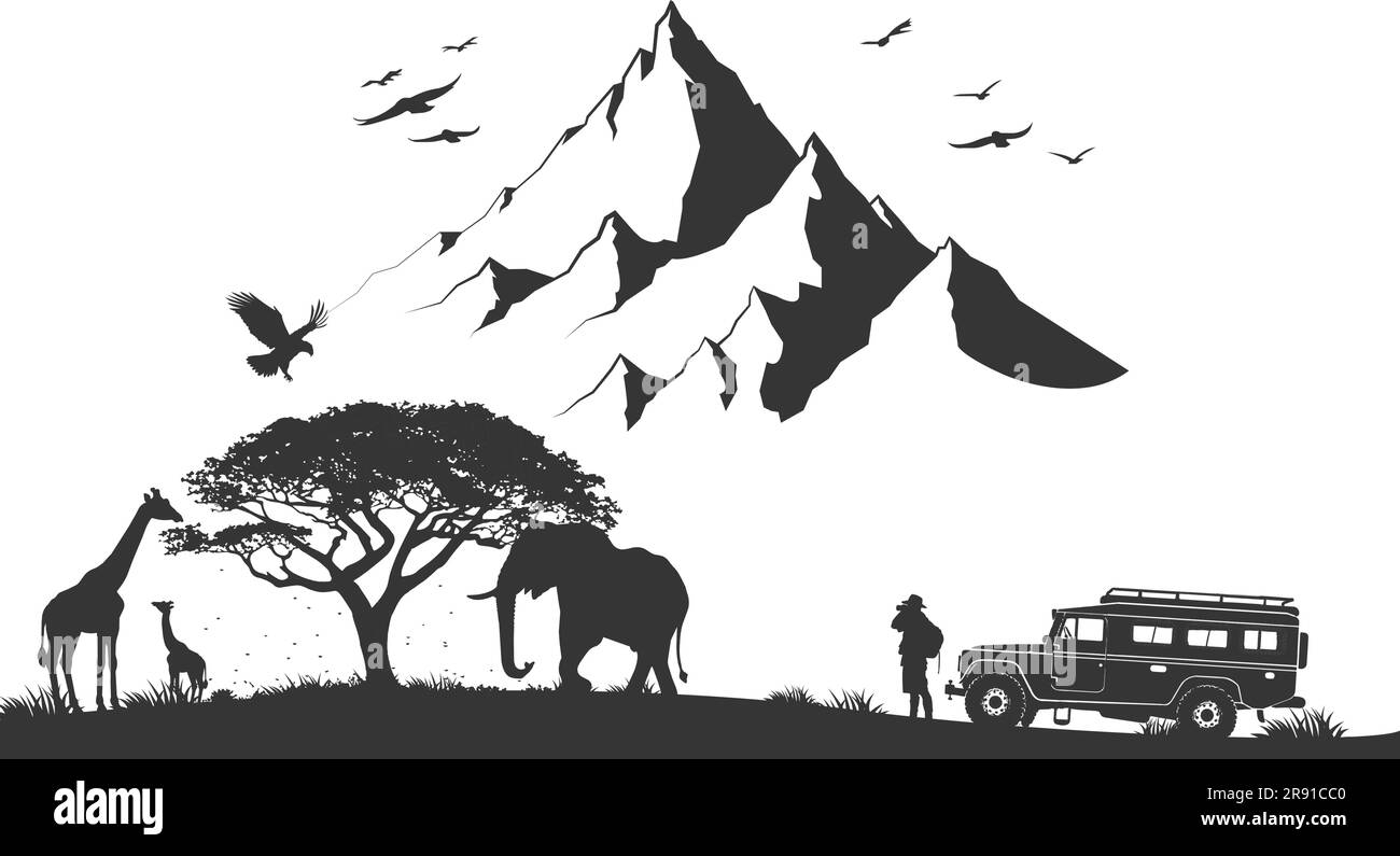 Illustration réaliste de l'African Safari avec paysage de montagnes, d'arbres et d'éléphants et de girafes. Sac à dos avec Tourisme prend la photographie d'animaux Illustration de Vecteur