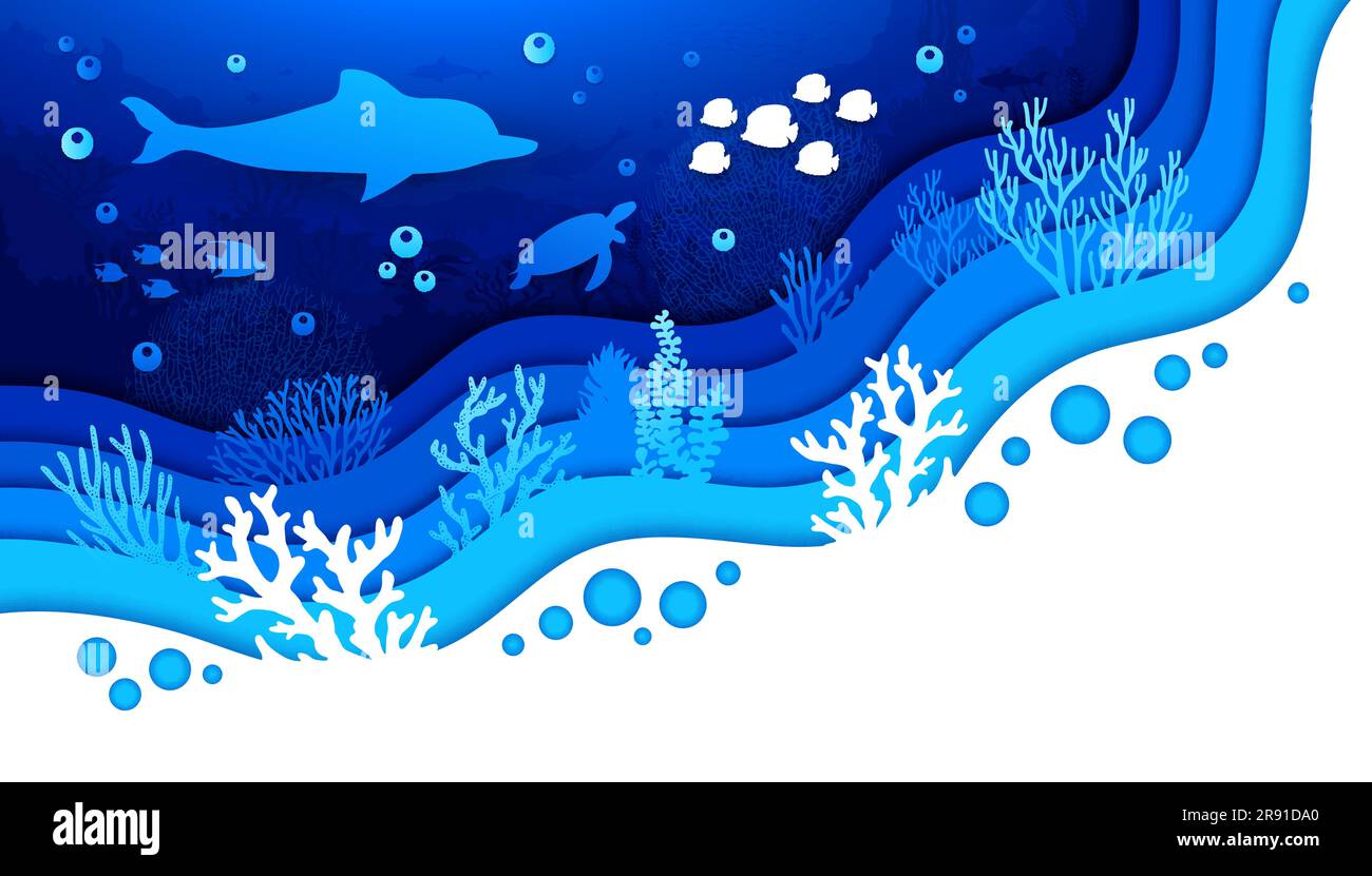 Paysage sous-marin découpé en papier avec des silhouettes de dauphin, tortue et algues, vecteur monde sous-marin. Récif de corail océanique ou fond de papier découpé sous-marin de mer avec des couches de papier découpées de poissons Illustration de Vecteur