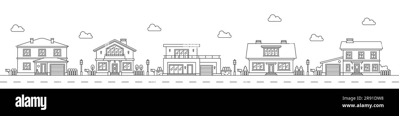 Les lignes d'art de quartier décrivent les bâtiments de village ou de maison de ville. Ville bâtiments de zone résidentielle paysage urbain, propriété immobilière de ville habitation vue panoramique contour concept vectoriel ou arrière-plan Illustration de Vecteur
