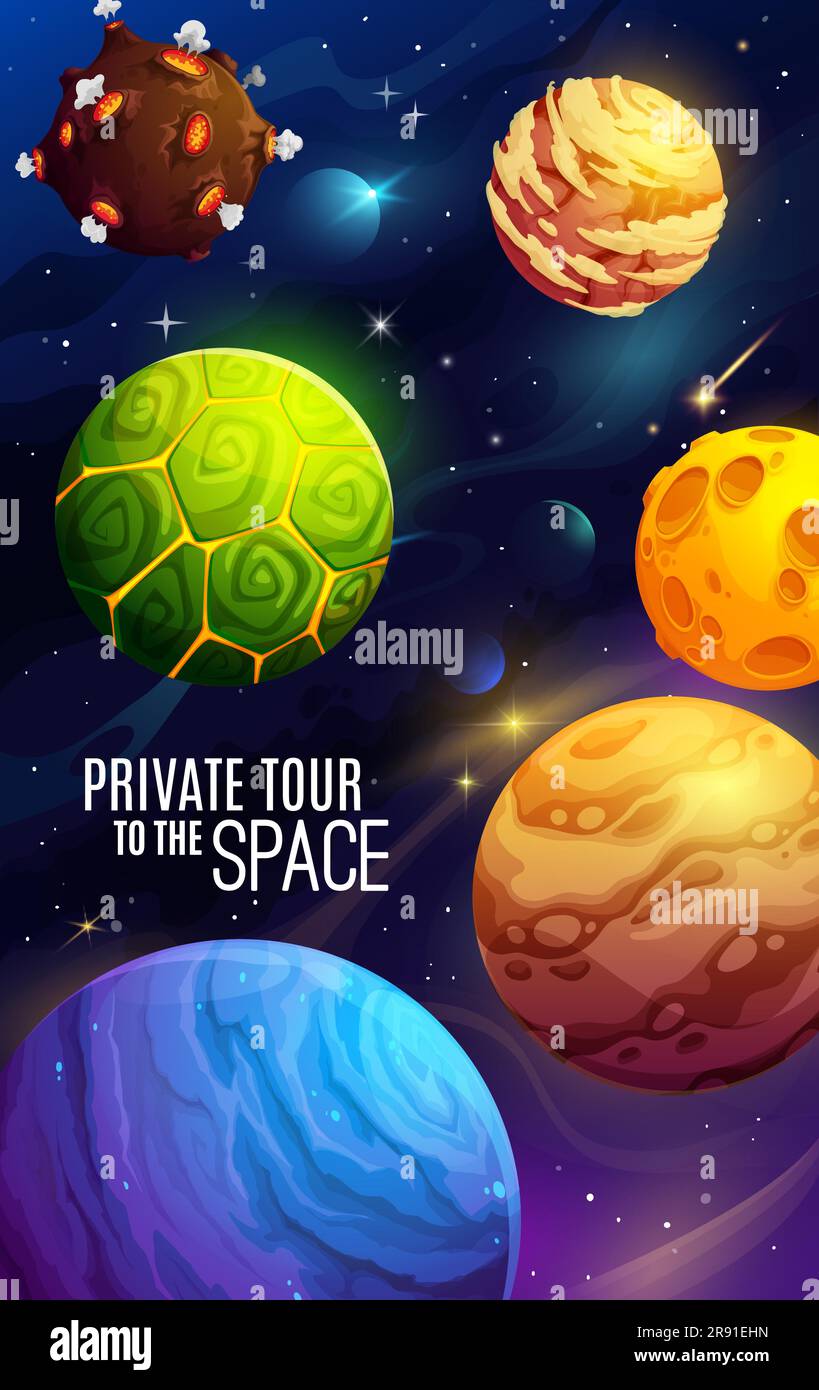 Affiche de planètes d'espace de dessin animé avec le monde de galaxie extraterrestre, vecteur enfants fantasy cosmos fond. Planètes de galaxie fantaisie avec cratères de lave et glace, vol spatial galactique futuriste et visite extraterrestre Illustration de Vecteur