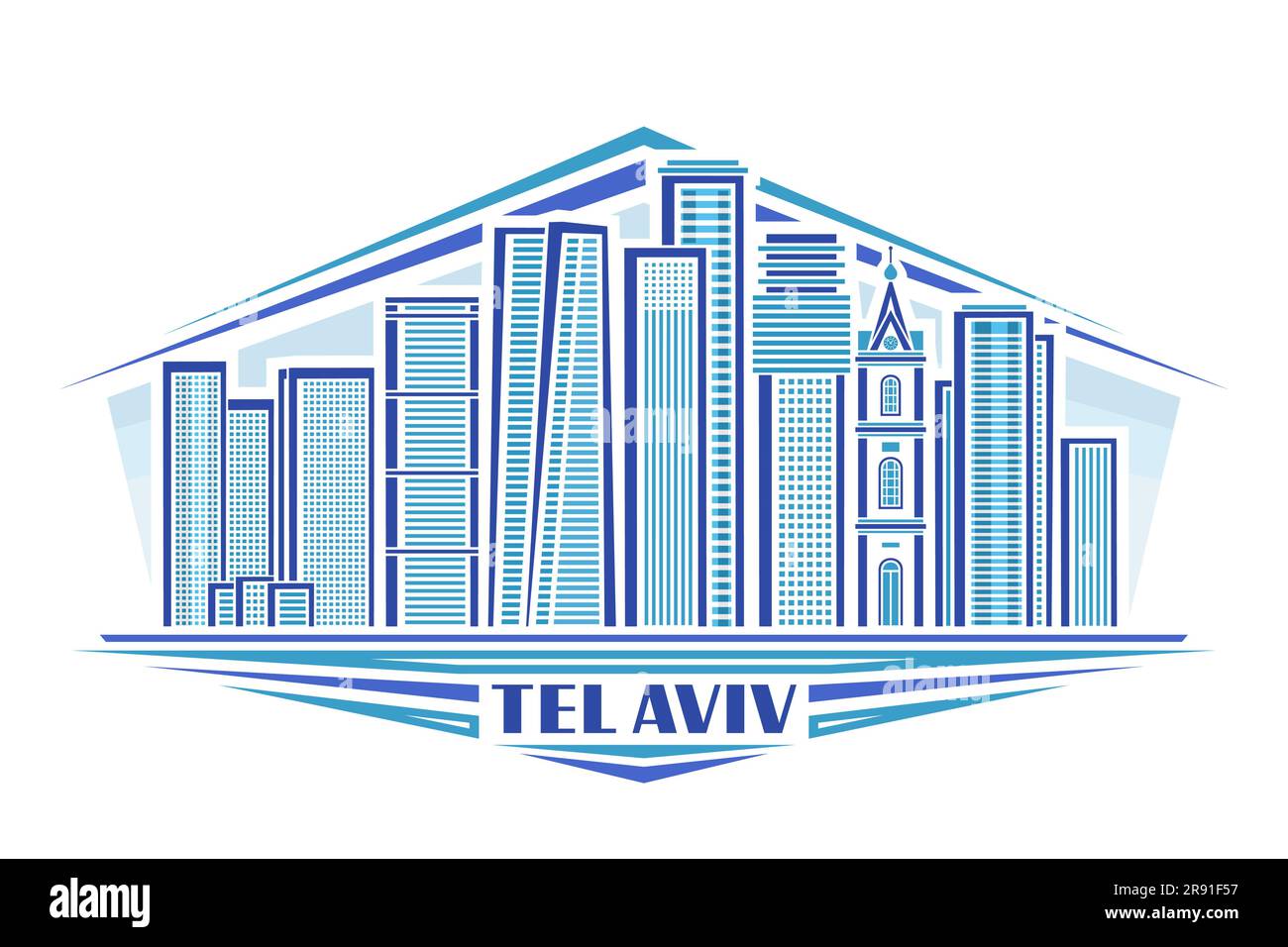 Illustration vectorielle de tel Aviv, badge horizontal décoratif avec design linéaire célèbre paysage urbain d'israël sur fond de ciel de jour, concept d'art urbain Illustration de Vecteur