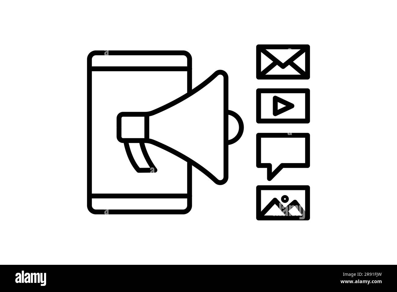 Icône des médias sociaux et marketing numérique. Téléphone mobile, mégaphone, message, chat, vidéo. icône en rapport avec le marketing numérique. Style icône de ligne. SIM Illustration de Vecteur