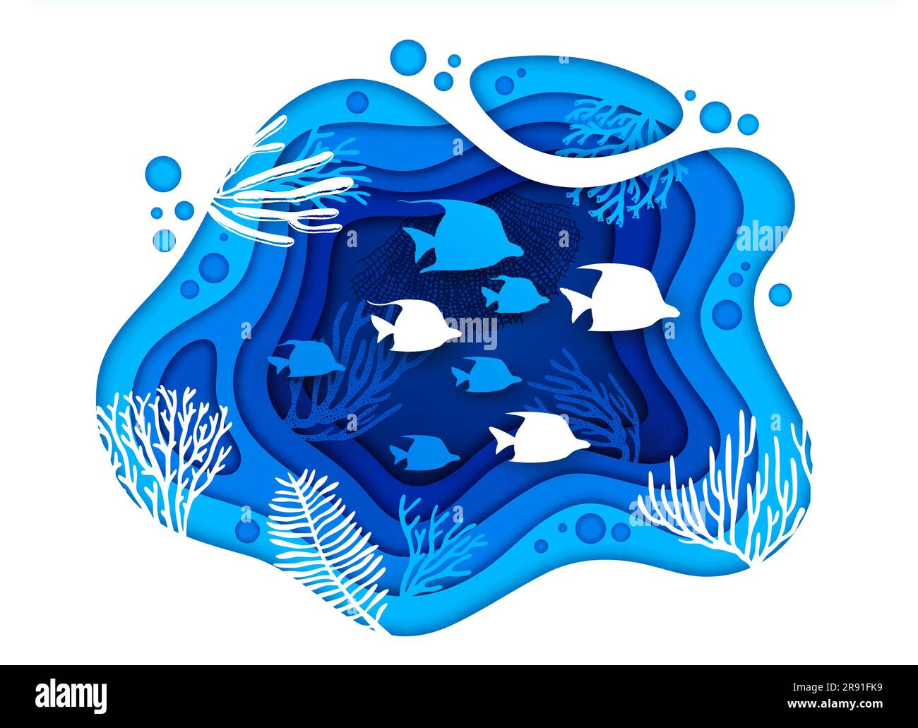 Paysage découpé en papier sous-marin avec silhouette de banc de poisson de mer, vecteur sous-marin de fond de monde. Poissons de récif corallien de mer ou d'océan et algues dans des couches de papier découpé ou découpé de paysage sous-marin Illustration de Vecteur