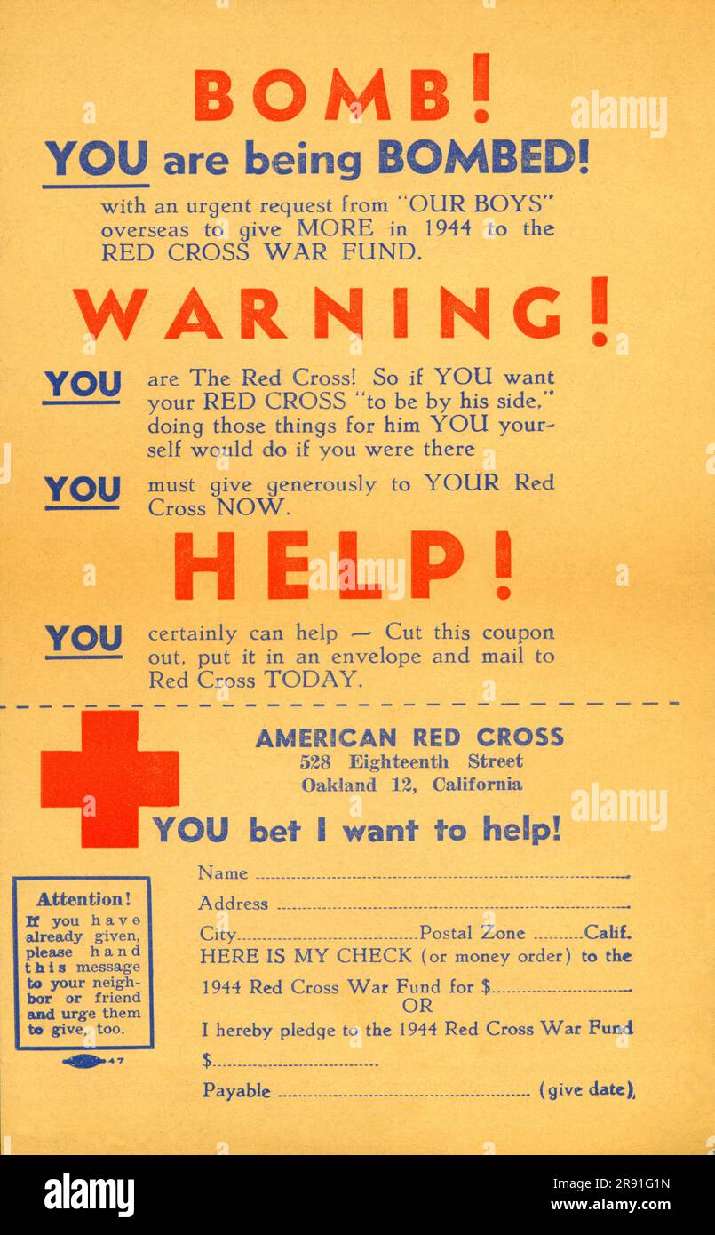 Oakland, Californie: 1 avril 1944 ces tracts ont été abandonnés d'un avion au-dessus d'Oakland sur 1 avril 1944 dans le cadre de la collecte de fonds pour la Croix-Rouge américaine. Banque D'Images