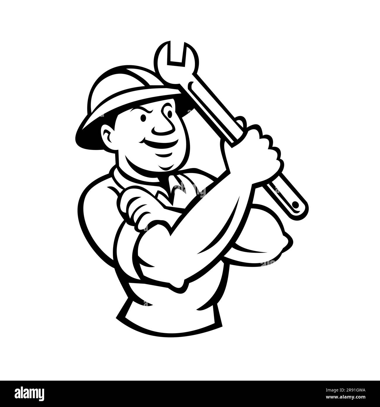 Illustration mascotte d'un buste d'un technicien d'entretien diesel, d'un mécanicien ou d'un technicien diesel tenant une clé de changement de vitesse à l'avant, portant une pleine visière dure Banque D'Images