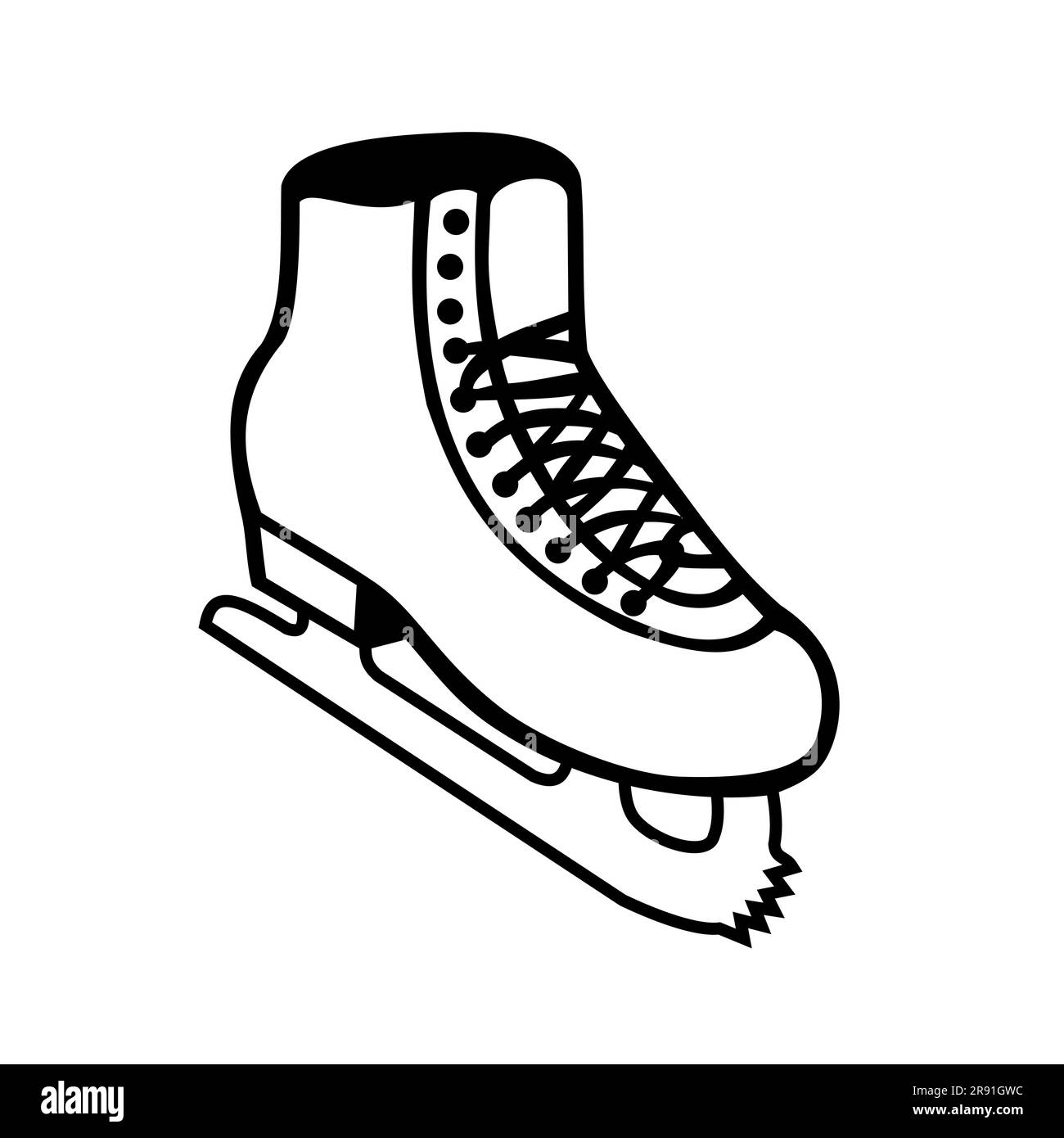 Illustration de style rétro de patins à glace ou chaussures de patinage à glace bottes avec lames vues de côté sur fond isolé fait en dessin animé noir et blanc. Banque D'Images