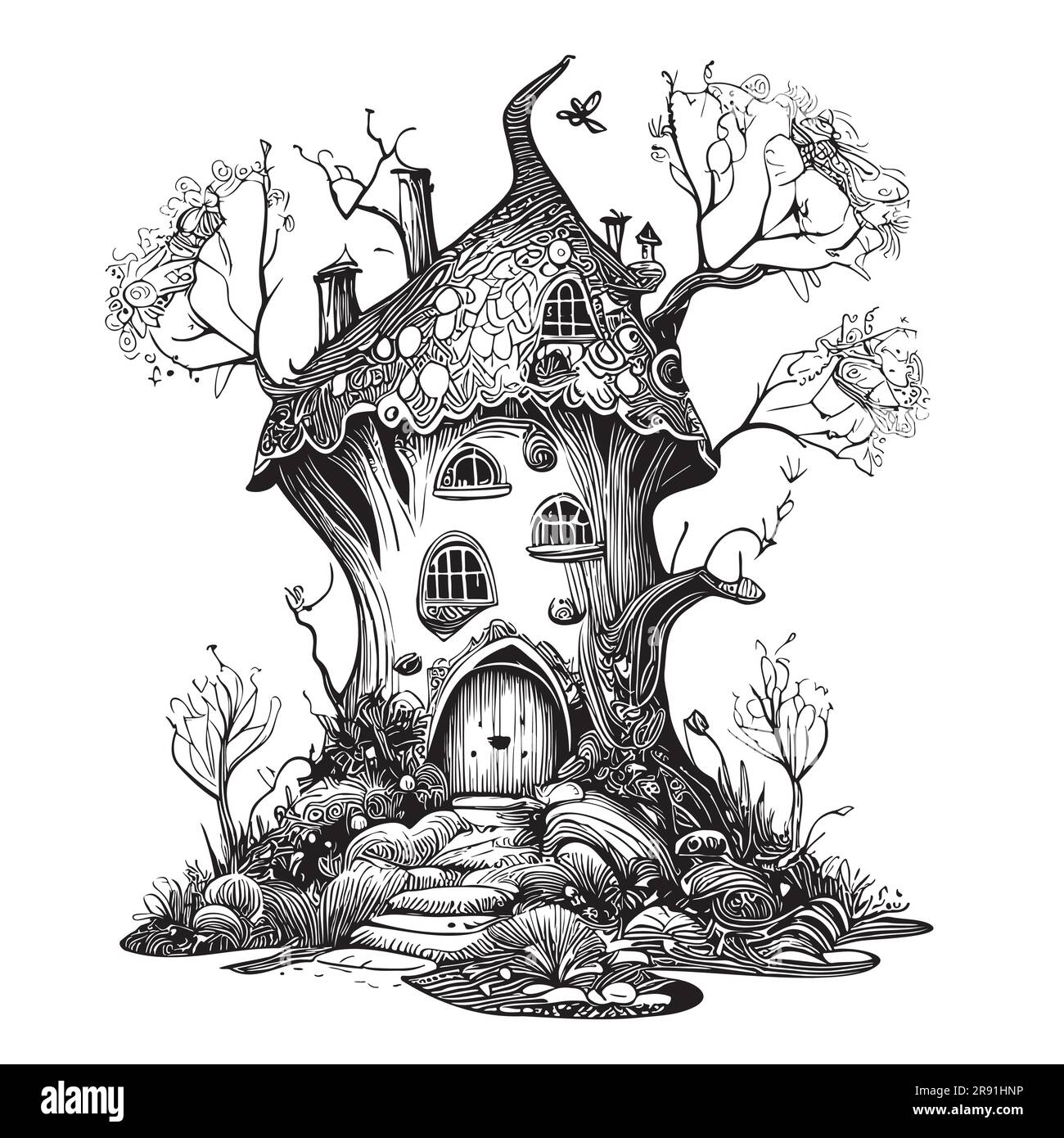 Croquis de la maison magique dessiné à la main dans l'illustration de conte de fées de style Doodle Illustration de Vecteur