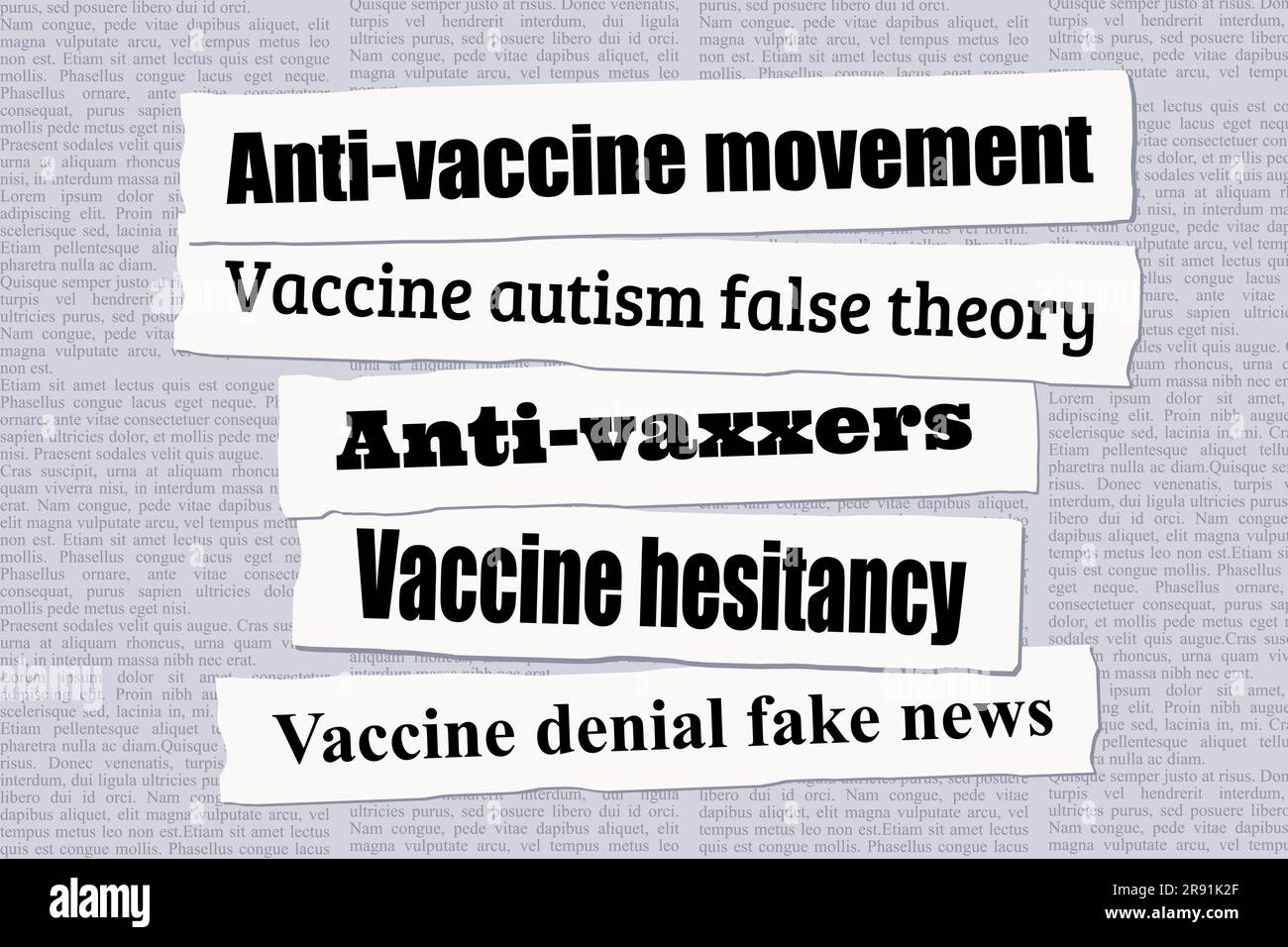 Manchettes des actualités du mouvement anti-vaccin. Coupures de presse sur les fausses nouvelles anti-vaxxers. Illustration de Vecteur