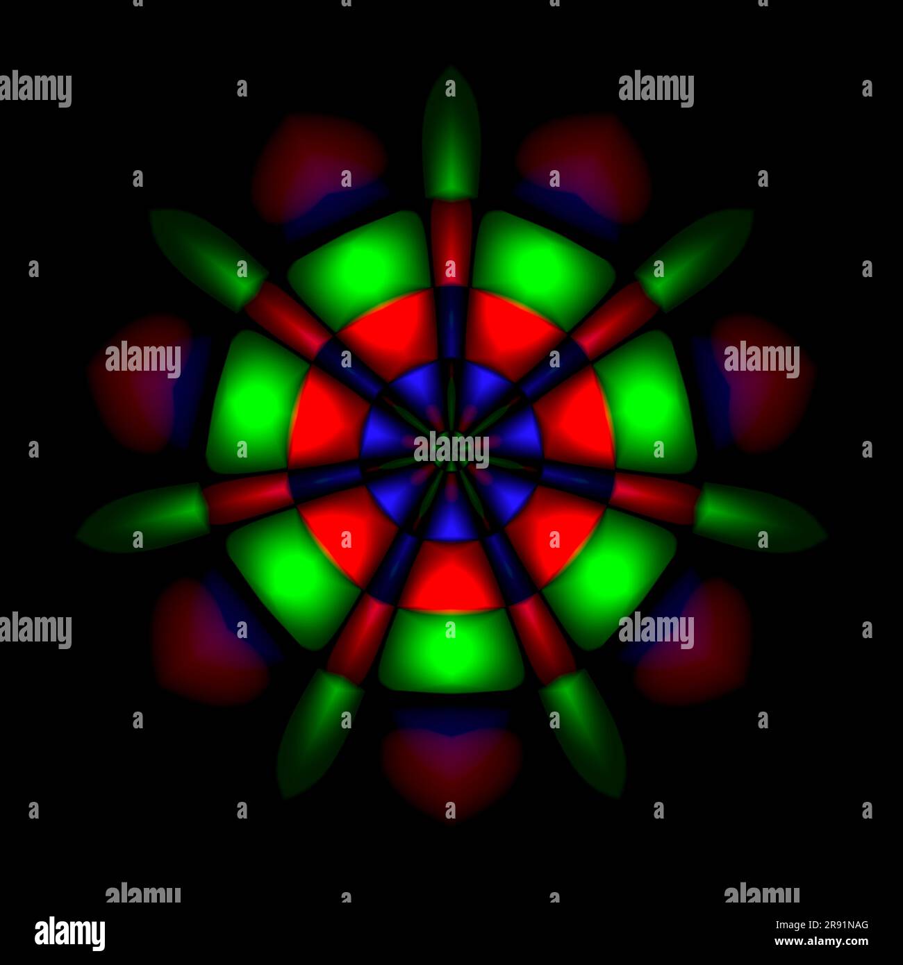 Inspiré par le Kaléidoscope, ce résumé a été créé en peignant numériquement des cercles concentriques de couleurs primaires, puis en appliquant un miroir fractal Banque D'Images